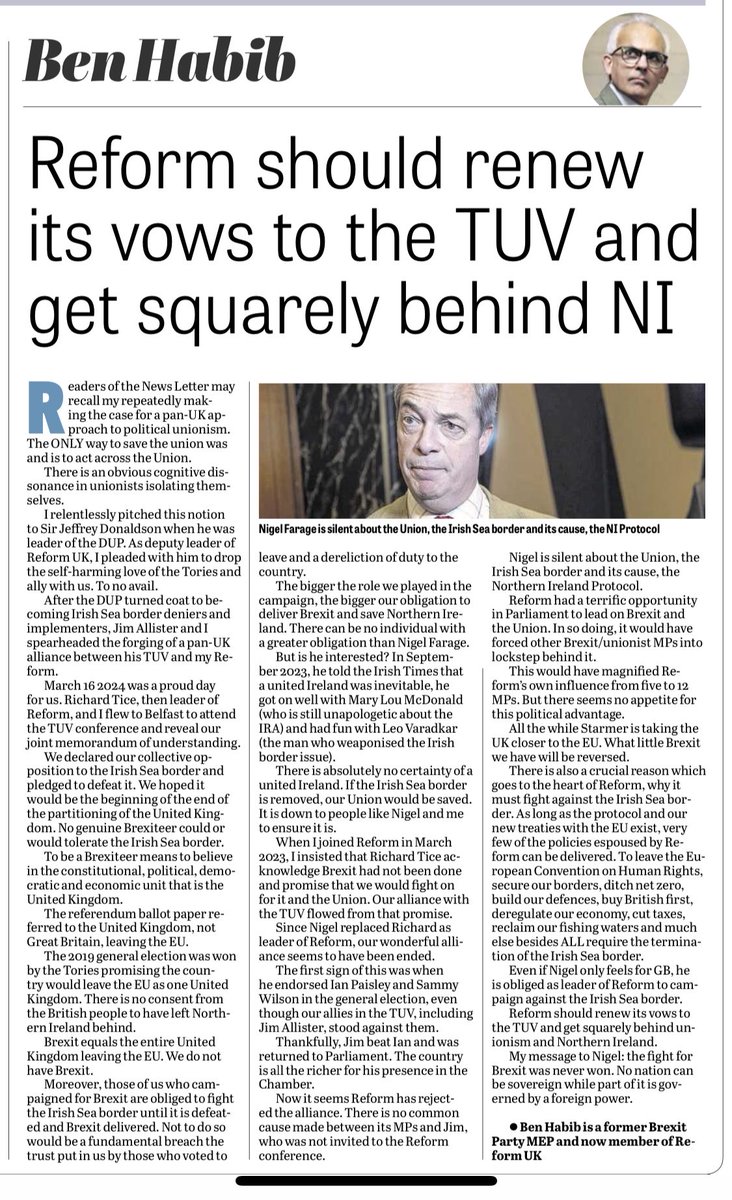 To be a Brexiteer means believing in the constitutional, political, democratic and economic unit that is the United Kingdom. 

Northern Ireland was left behind in the EU. We do not have Brexit. 

⁦<a href="/reformparty_uk/">Reform UK</a>⁩ ⁦<a href="/Nigel_Farage/">Nigel Farage MP</a>⁩ we must join ⁦<a href="/TUVonline/">TUV</a>⁩ 👇🏼👇🏼