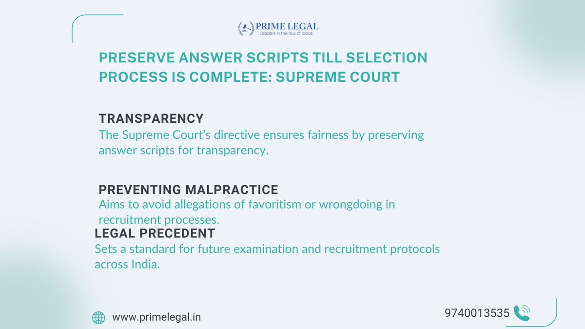 PrimeLegal4's tweet image. PRESERVE ANSWER SCRIPTS TILL SELECTION PROCESS IS COMPLETE TO OBVIATE ALLEGATIONS OF WRONG-DOING: SUPREME COURT  

#AnswerScripts #Transparency #Recruitment #Irregularities

Visit us at : primelegal.in       

Click here to read more : blog.primelegal.in/preserve-answe…