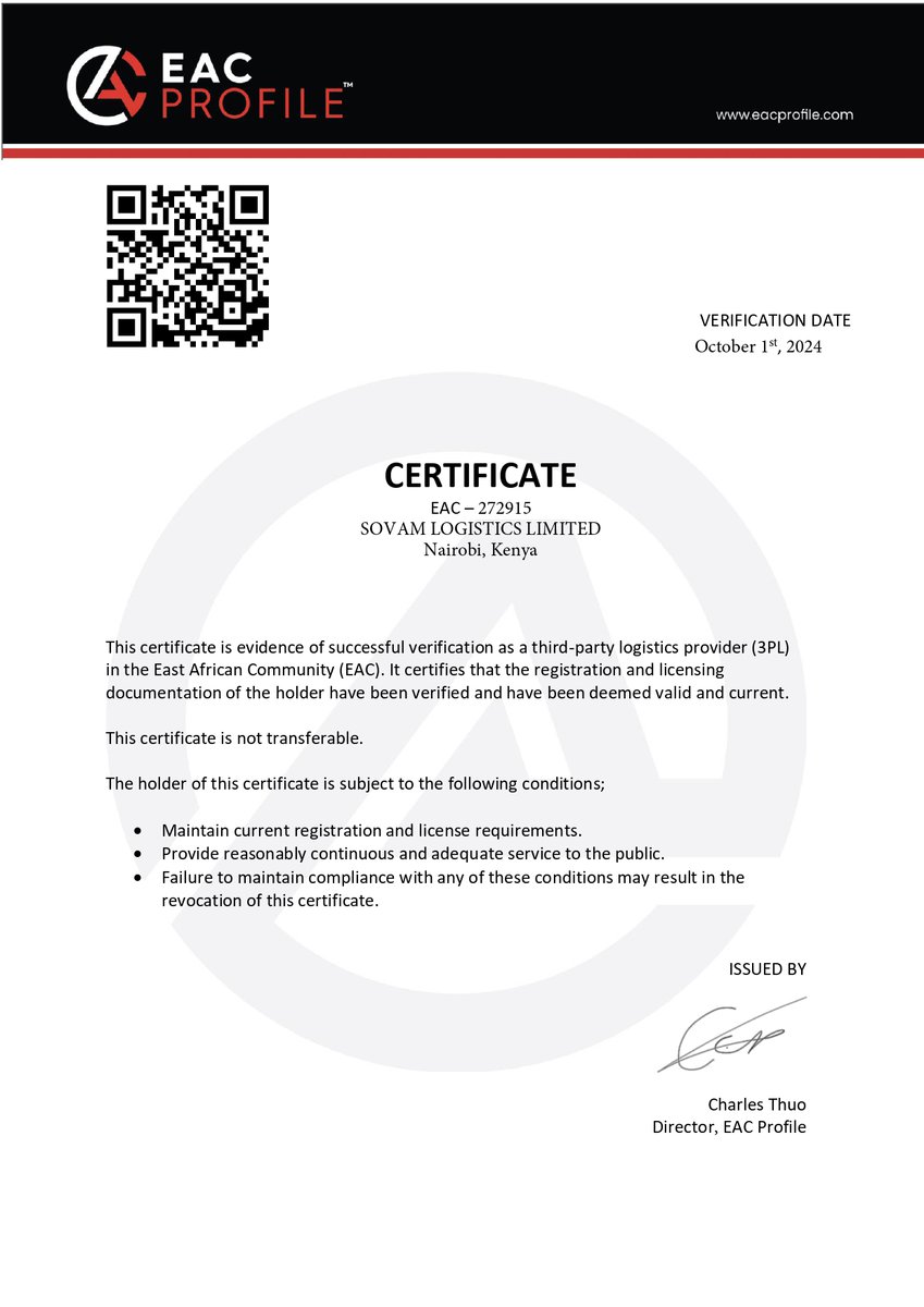 Apexloads's tweet photo. Congratulations! 🎊 to SOVAM LOGISTICS LTD, the newest freight forwarder in Nairobi, Kenya to get EAC Profile verified! Let's continue to elevate the standard of logistics in Africa.
Visit https://t.co/eE4JJxNtYd to get verified!
#EACProfile #Apexloads #Logistics #Compliance https://t.co/CluMdf29PL