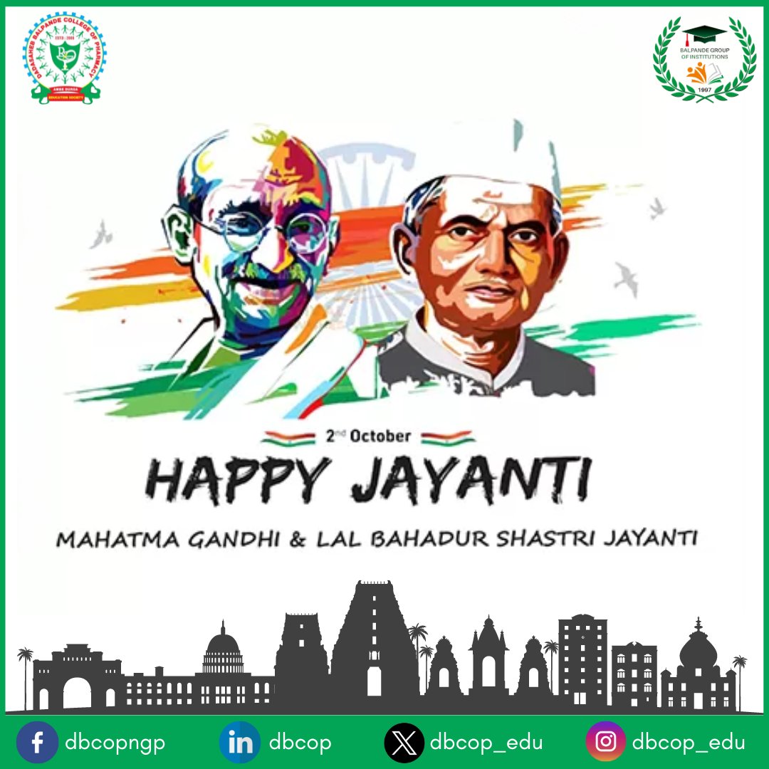 dbcop_edu's tweet photo. Wishing you happy Gandhi Jayanti & Lal Bahadur Shastri Jayanti! let's salute two great souls of India.
#dbcop #Gandhi #LalBahadurShastri #GandhiJayanti #salute #FreedomFighterofIndia https://t.co/tzv8e1brzE