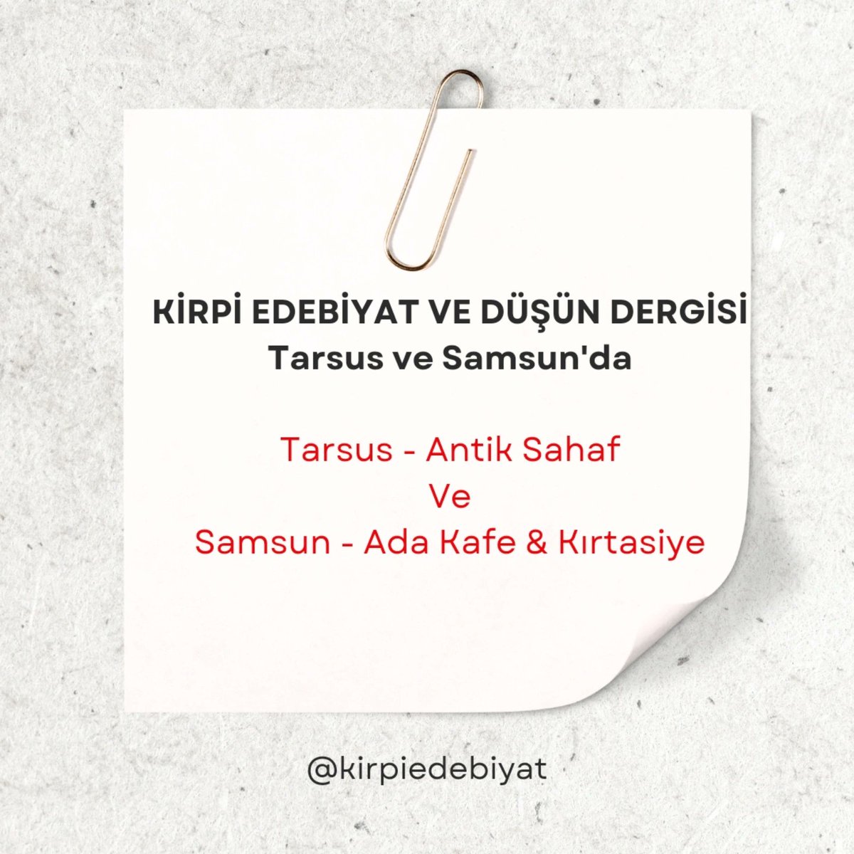KirpiEdebiyat's tweet photo. Samsun ve Tarsus'da da varız...
#dergi #kirpiedebiyat #kirpidergisi https://t.co/r8b3pvAYiz