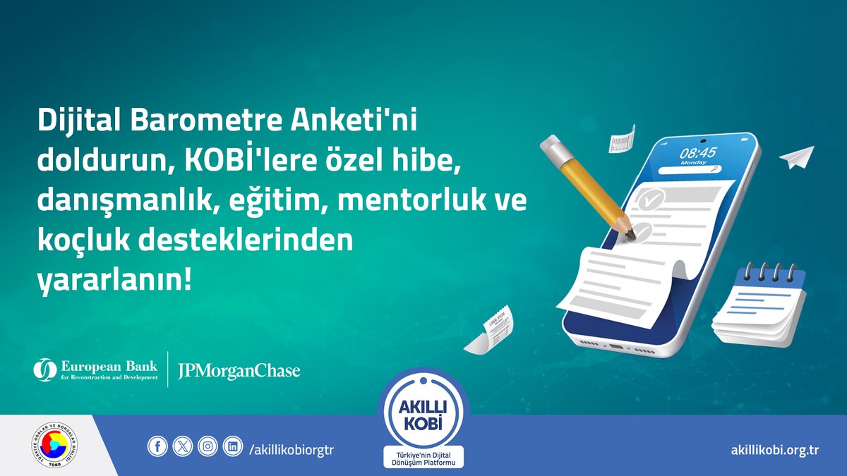 TOBB himayesinde hayata geçen Akıllı KOBİ Platformu ile EBRD ve JP Morgan işbirliği ile gerçekleştirilen Dijital Barometre Anketi, ülkemizdeki KOBİ'lerin dijitalleşme süreçlerini daha iyi anlamak ve özel destekler sunmak amacıyla hazırlanmıştır.
 akillikobi.org.tr/ebrd-dijital-b…
