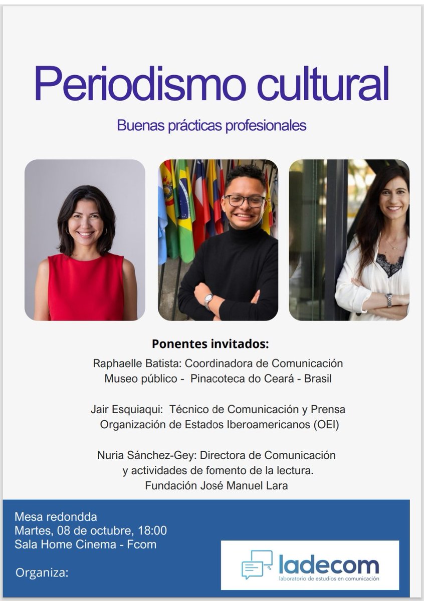 Ladecom_us's tweet image. ¿Te interesa la información cultural? ¿Crees en la especialización periodística como remedio ante la sobreinformación? ¿Quieres conocer el día a día de los implicados en la información cultural? No te pierdas la mesa 'Periodismo cultural. Buenas prácticas' organizada por #ladecom