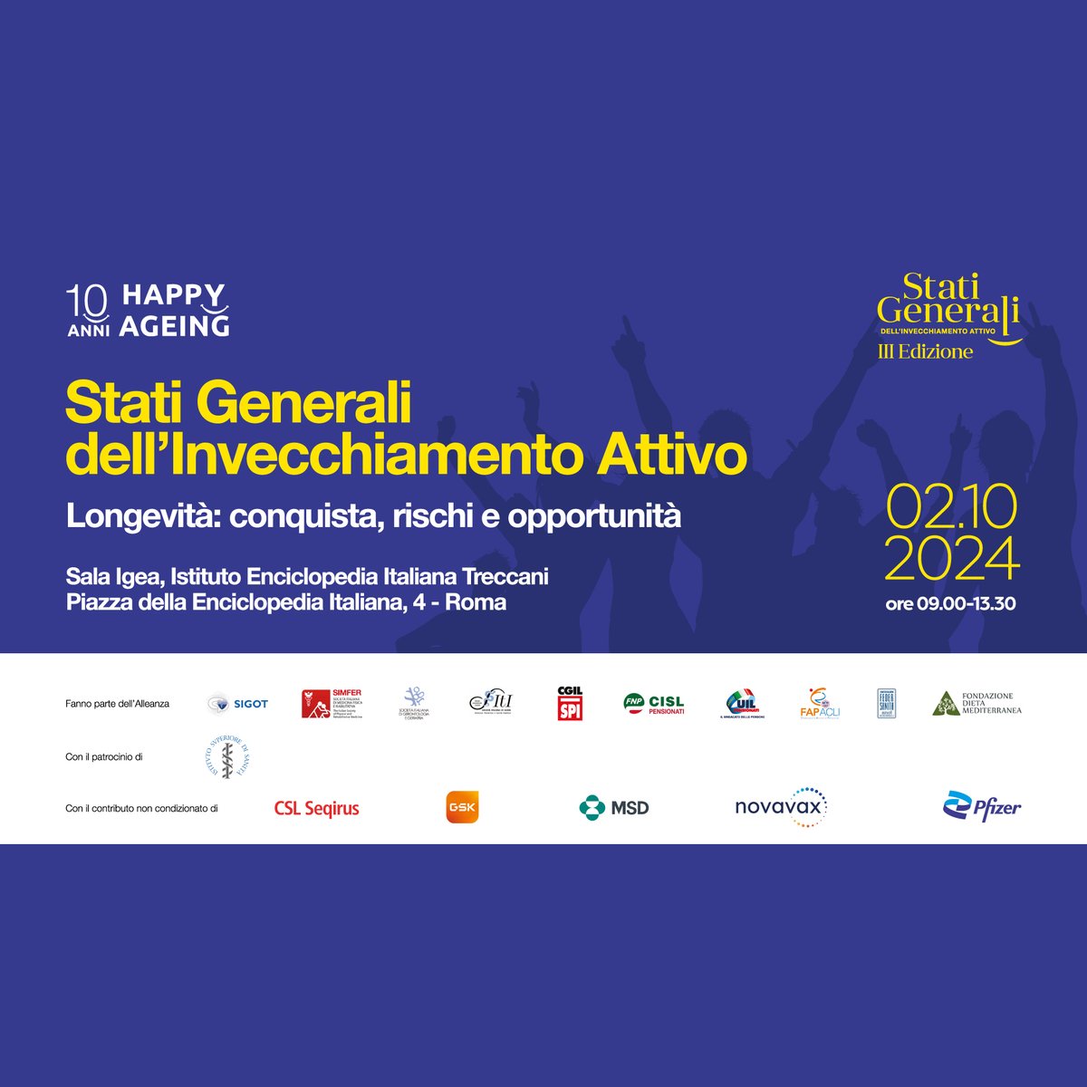 🔆 Roma, mercoledì 2 ottobre 🔆⿫Stati Generali dell’invecchiamento attivo – Longevità: Conquista, Rischi e Opportunità 👴🏻👵🏻 
Puoi seguire anche la diretta streaming
Simfer presente❗
✅ Scopri di più su simfer.it/stati-generali…
#HappyAgeing <a href="/HappyAgeingIta/">HappyAgeing</a>