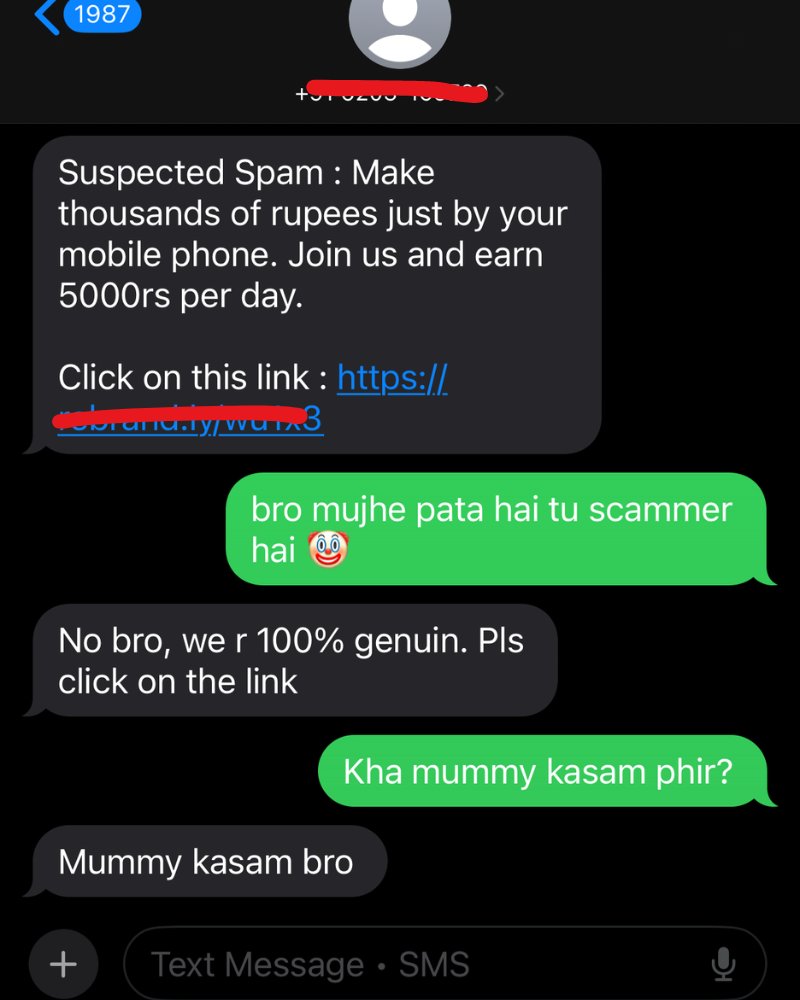 Riocasm's tweet photo. My recent fav thing is to mess with numbers that airtel mark as spam 🤣 https://t.co/wvny1V4BH3