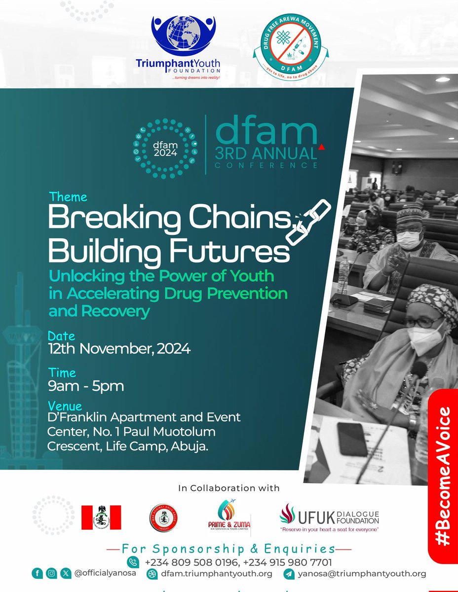 officialyanosa's tweet photo. 🛑 Ready to #BreakTheChains?  
Join us at the 3rd Annual Drug &amp; Substance Abuse Conference in Abuja on Nov 12, 2024! 🌍  

Empower youth, drive change, &amp; shape the future of drug prevention in 🇳🇬.  

🔗 Apply now: https://t.co/j89tsGJI5y
 
#DFAM2024 #YouthForChange https://t.co/kYlXt23SIV
