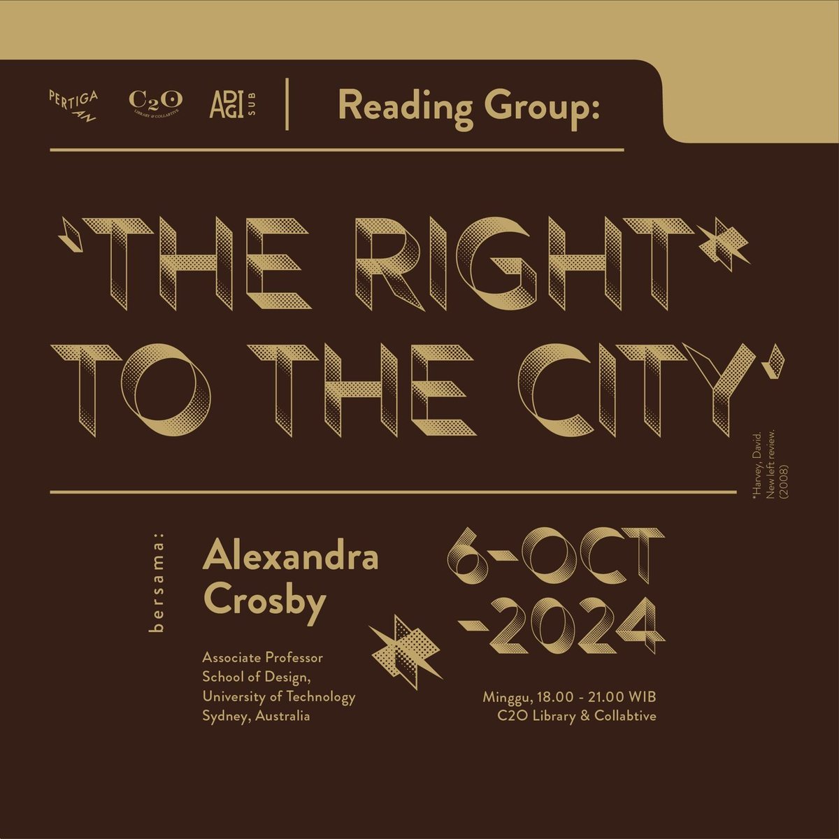 Please read these two articles before the reading group. 
newleftreview.org/issues/ii53/ar…
Harvey, David. "The Right to the City. New Left Review." (2008): 23-40.
sciencedirect.com/science/articl…
Crosby, Alexandra, et al. "Counter-mapping Surabaya: Designing ‘cities within the city’." Cities 145