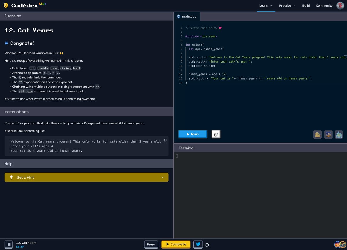 SamipGu80709006's tweet photo. Finished the new C++ course @codedex_io Ngl the author did a really good job on writing this course can't wait for more chapters for this course! #CodedexCatYears https://t.co/mx3UO1rTSE