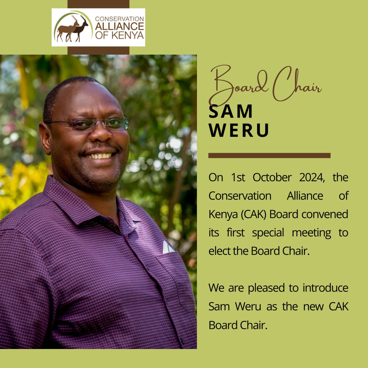 ConservationAllianceKenya (@conservationken) on Twitter photo Sam Weru is a natural resources consultant with over 34 years of experience in wildlife conservation and is pursuing a PhD in Environmental Policy. Sam joined the Board in 2022 and served as the Audit and Risk Committee Chair and now the Board Chair. <a href="/ConservationKen/">ConservationAllianceKenya</a> Sam Weru is a natural resources consultant with over 34 years of experience in wildlife conservation and is pursuing a PhD in Environmental Policy. Sam joined the Board in 2022 and served as the Audit and Risk Committee Chair and now the Board Chair. <a href="/ConservationKen/">ConservationAllianceKenya</a>