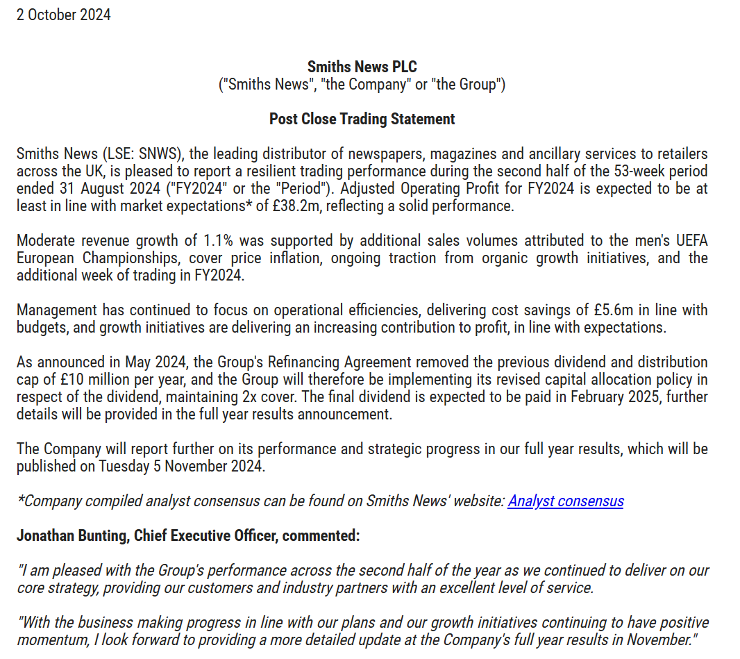 entrustTMF's tweet image. #SNWS Smiths News Trading Statement

"Adjusted Operating Profit for FY2024 is expected to be at least in line with market expectations* of £38.2m, reflecting a solid performance."

voxmarkets.co.uk/rns/announceme…