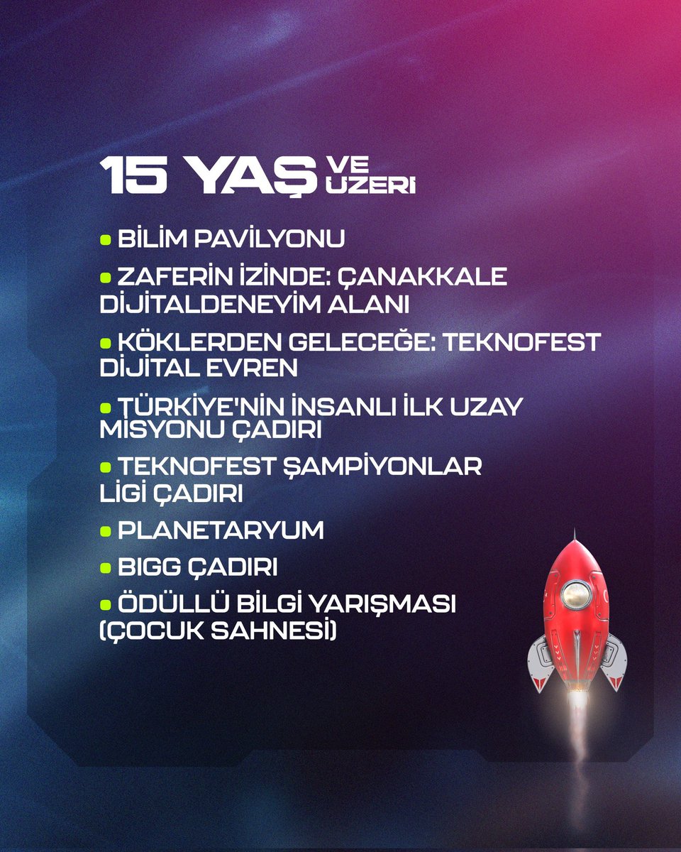 Her yaşa ilham, her anı dolu dolu bir festival. 👧🧍‍♀️👦🧍‍♂️✨

【 Yaş Grubuna Göre Etkinlik Takvimi  2-6 Ekim 2024 】 

#TEKNOFEST Adana 🚀 

👉 Kayıt: meb.ai/W5Mahm

<a href="/tcmeb/">Millî Eğitim Bakanlığı</a> 
<a href="/Yusuf__Tekin/">Yusuf Tekin</a> 
<a href="/ahpehlivan53/">Ali Hamza Pehlivan</a> 
<a href="/fazilet_durmus/">Fazilet Öğretmen 🇹🇷</a> 
<a href="/teknofest/">TEKNOFEST</a>