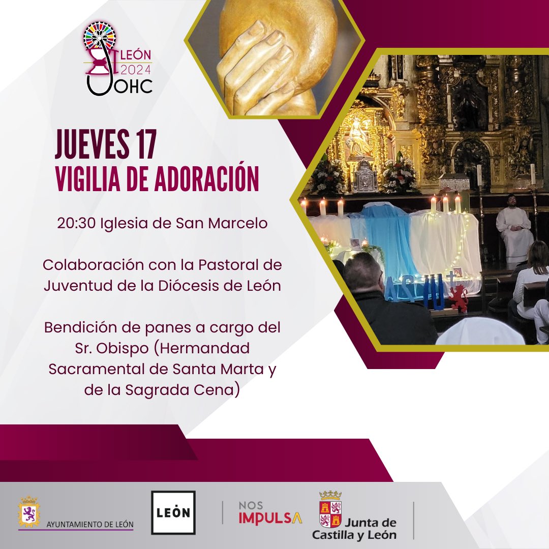 ACTOS JOHC

VIGILIA DE ADORACION jueves 17 a las 20:30 en la Iglesia de San Marcelo.
Colaboración con la Pastoral de Juventud de la Diócesis de León.
Bendición de panes a cargo del Sr. Obispo (Hermandad Sacramental de Santa Marta y de la Sagrada Cena)

#tomadtodosdeel #johcleon