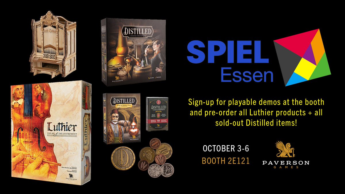 Paverson Games is at Spiel #Essen - Booth 2E121! 🇩🇪 Try out #Luthier or perhaps pre-order sold-out #Distilled goodies and Luthier itself! 🎉 #essenspiel #spielessen #boardgaming #boardgames #bgg #boardgamegeek #boardgame #tabletop #whisky #whiskey #classicalmusic #violin