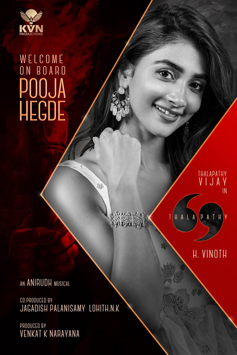 KVN Productions (@kvnproductions) on Twitter photo Bringing the stunning duo back to the big screen once again ♥️
We know you’ve already cracked it, but officially…😁
Welcome onboard <a href="/hegdepooja/">Pooja Hegde</a> 🔥
#Thalapathy69CastReveal
#Thalapathy <a href="/actorvijay/">Vijay</a> sir #HVinoth <a href="/thedeol/">Bobby Deol</a> <a href="/anirudhofficial/">Anirudh Ravichander</a> <a href="/Jagadishbliss/">Jagadish</a> <a href="/LohithNK01/">Lohith NK</a> #Thalapathy69 Bringing the stunning duo back to the big screen once again ♥️
We know you’ve already cracked it, but officially…😁
Welcome onboard <a href="/hegdepooja/">Pooja Hegde</a> 🔥
#Thalapathy69CastReveal
#Thalapathy <a href="/actorvijay/">Vijay</a> sir #HVinoth <a href="/thedeol/">Bobby Deol</a> <a href="/anirudhofficial/">Anirudh Ravichander</a> <a href="/Jagadishbliss/">Jagadish</a> <a href="/LohithNK01/">Lohith NK</a> #Thalapathy69