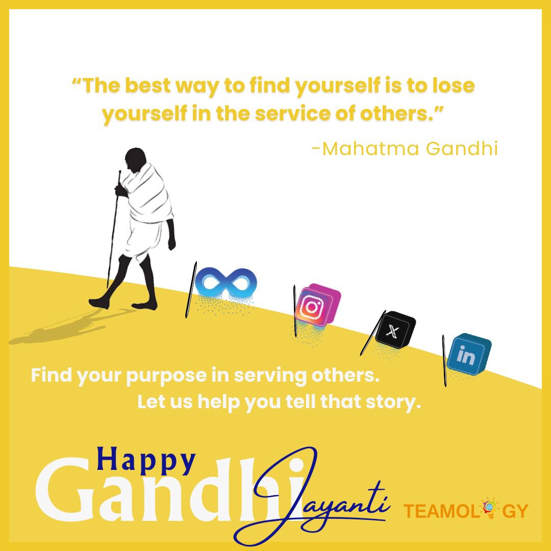 TeamologyMedia's tweet image. On this Gandhi Jayanti, let&apos;s remember the profound wisdom of Mahatma Gandhi. At Teamology, we believe in serving with purpose. Let us help you tell your story and connect with your audience meaningfully. 

 #GandhiJayanti2024 #SocialMediaMarketing #SEOForSuccess #ServiceToOthers