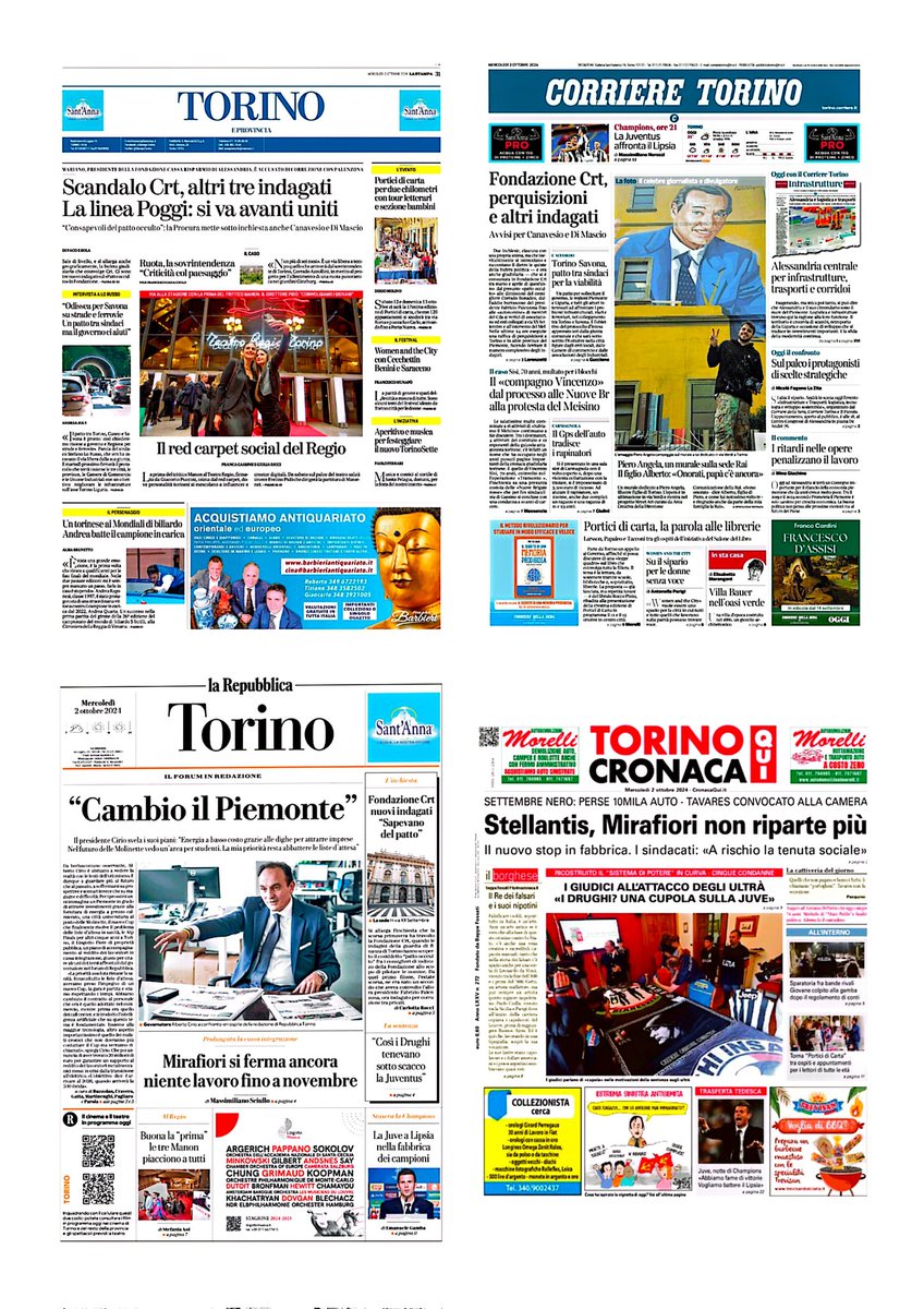Le prime pagine di Torino, mercoledì 2 ottobre 2024: Fondazione Crt, due nuovi indagati; "Cambio il Piemonte" (intervista al governatore Cirio); nuovo stop alla produzione a Mirafiori. #leprimeditorino