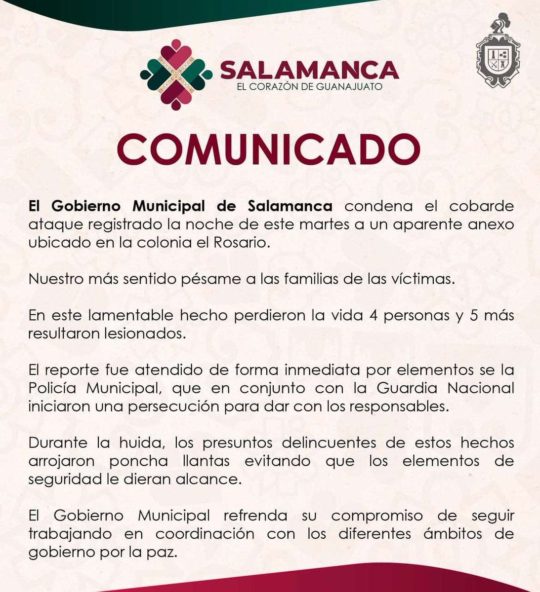 Lamentamos profundamente los hechos ocurridos en Salamanca. Por instrucciones de la gobernadora <a href="/LibiaDennise/">Libia Dennise</a>, estamos ya en comunicación y coordinación con autoridades municipales para brindar apoyo integral a las víctimas y sus familias.