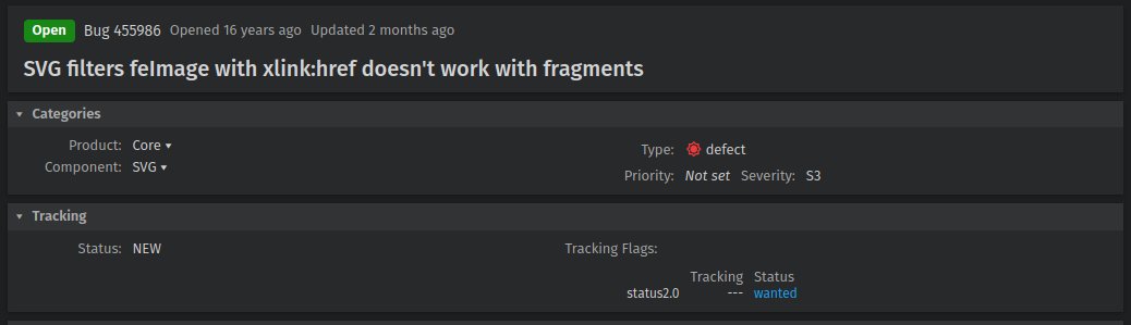 <a href="/wesbos/">Wes Bos</a> If you like what SVG filters can do, please vote for them to get more love from browsers 
github.com/web-platform-t…

While CSS has progressed a lot in recent years, SVG got left behind. Filter perf can be abysmal and there are bugs in all browsers, some of them opened in the 2000s.