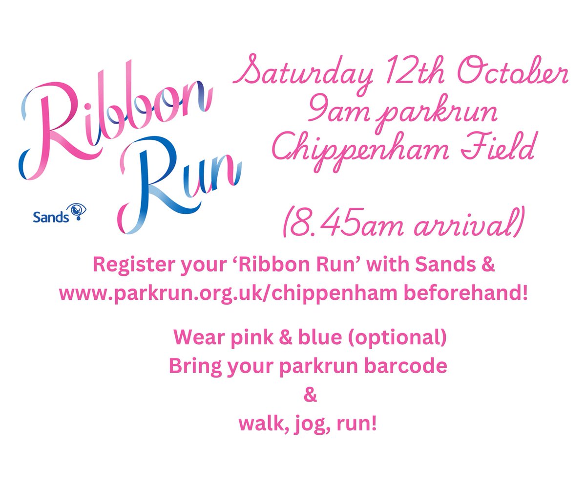 Take part in Ribbon Run for baby loss awareness Chippenham Playing Fields parkrun, Monmouth
✅Register with parkrun.org.uk/chippeham
✅Signup with sands.org.uk/blaw
✅Wear pink &amp; blue
✅Arrive Chippenham Playing Field at 8.45am with your barcode for a 9am start! <a href="/SandsUK/">Sands - baby loss charity 💜🧡</a>