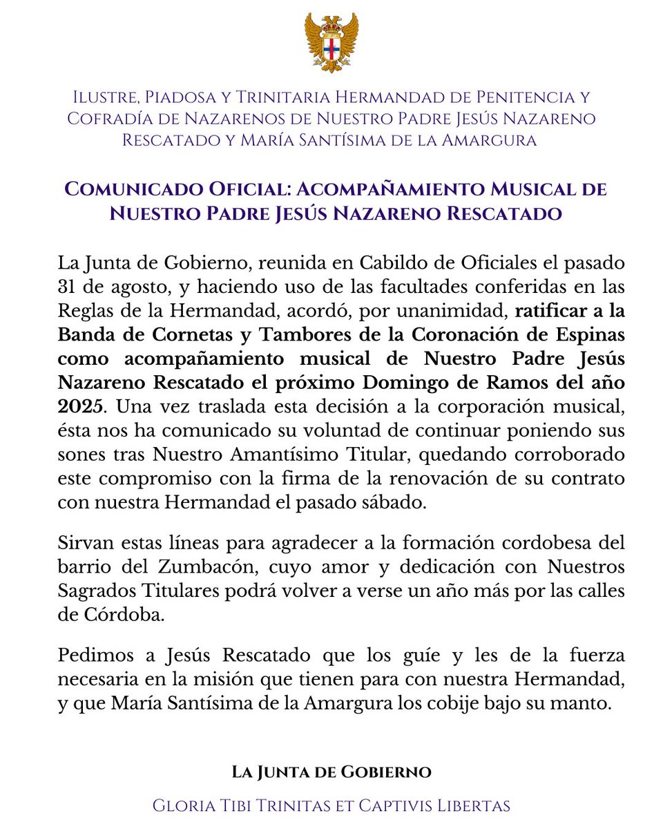 hdad_rescatado's tweet photo. 📢 COMUNICADO OFICIAL | Acompañamiento Musical de Nuestro Padre Jesús Nazareno Rescatado 

@bandacoronacion https://t.co/9vtQX2llmp