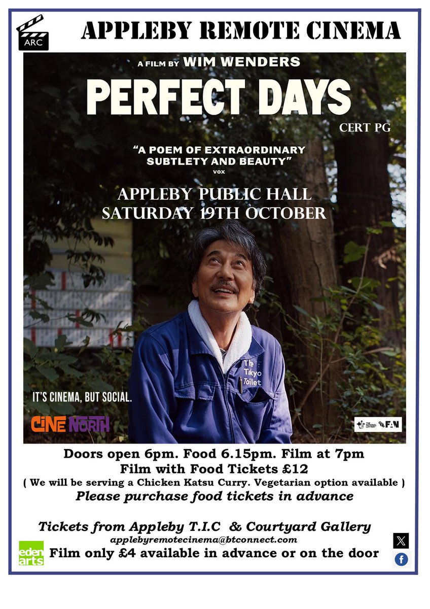 October’s film is Perfect Days. Food and film tickets available from <a href="/CourtyardGall/">Courtyard Gallery</a>  &amp; <a href="/ApplebyCouncil/">Appleby Council</a> TIC
Book early as our monthly films often sell out.