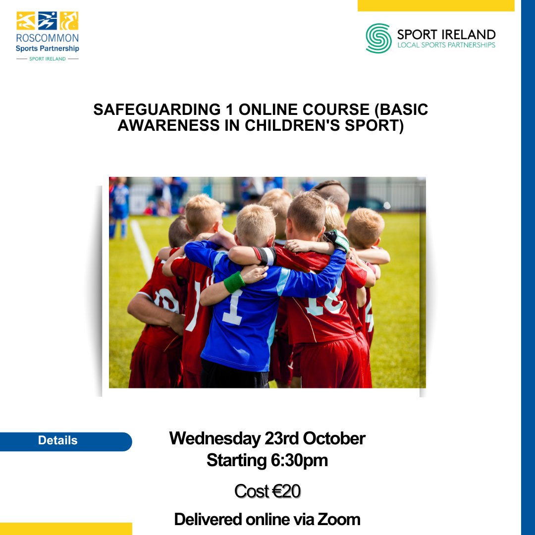 Roscommon Sports Partnership (@ros_sports) on Twitter photo ๐ฆ๐ฎ๐ณ๐ฒ๐ด๐๐ฎ๐ฟ๐ฑ๐ถ๐ป๐ด ๐ญ(Basic Awareness in Children's Sport) ๐ป๐ผ๐ ๐ฎ๐๐ฎ๐ถ๐น๐ฎ๐ฏ๐น๐ฒ ๐๐ผ ๐ฟ๐ฒ๐ด๐ถ๐๐๐ฒ๐ฟ
โ
When: 23rd October 2024
โ
Starts: 6.30pm
โ
Cost: โฌ20
โ
Register eventbrite.com/e/1036628111587
#KeepingRoscommonActive <a href="/sportireland/">Sport Ireland</a> #safeguarding ๐ฆ๐ฎ๐ณ๐ฒ๐ด๐๐ฎ๐ฟ๐ฑ๐ถ๐ป๐ด ๐ญ(Basic Awareness in Children's Sport) ๐ป๐ผ๐ ๐ฎ๐๐ฎ๐ถ๐น๐ฎ๐ฏ๐น๐ฒ ๐๐ผ ๐ฟ๐ฒ๐ด๐ถ๐๐๐ฒ๐ฟ
โ
When: 23rd October 2024
โ
Starts: 6.30pm
โ
Cost: โฌ20
โ
Register eventbrite.com/e/1036628111587
#KeepingRoscommonActive <a href="/sportireland/">Sport Ireland</a> #safeguarding