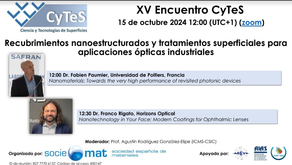 📢 Nueva jornada CyTeS sobre Recubrimientos nanoestructurados y tratamientos superficiales.

🗓️ 15 oct, 12:00 (UTC+1)
🔗 Zoom: ID 827 7770 6137, Código 850147
Patrocinado por ASEVA y SOCIEMAT.
