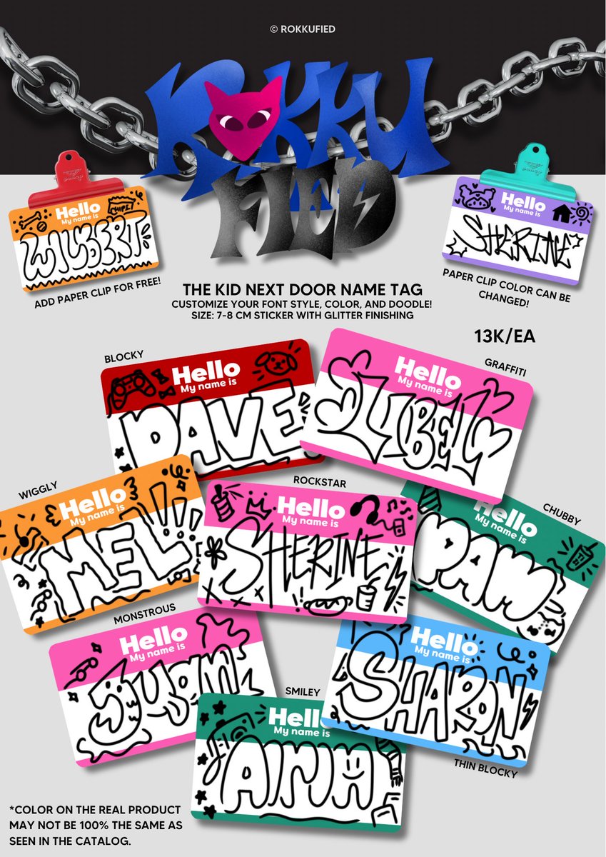 [RTs and likes are very much appreciated! 🫂]

⋆˚✿˖° THE KID NEXT DOOR NAME TAG STICKER 2ND Pre-Order by ROKKUFIED .୭˚. ᵎᵎ 

🍅 IDR 13k details on pict! 
🧤 2nd-10th of October 
🏠 bit.ly/TheKidNextDoor