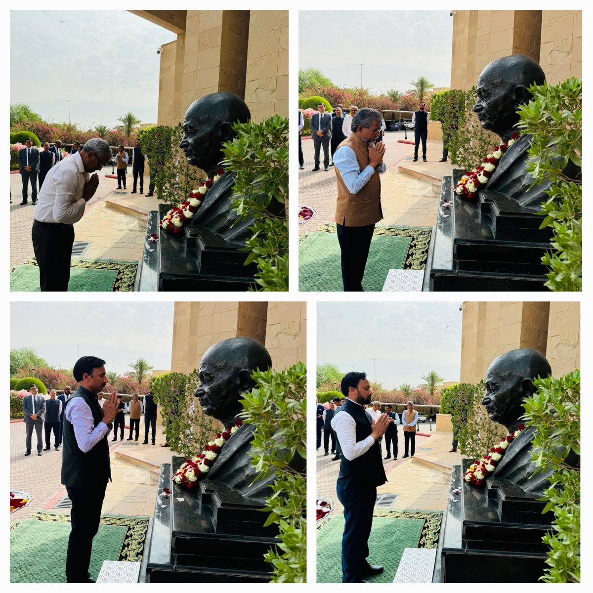 IndianEmbRiyadh's tweet photo. On #GandhiJayanti2024, Ambassador Dr Suhel Khan and Embassy officers paid floral tributes to Mahatma Gandhi.
“Non-violence is the greatest force at the disposal of mankind”, Mahatma Gandhi had said. His timeless teachings are most relevant in current times.

@MEAIndia https://t.co/jxIRL62rFN