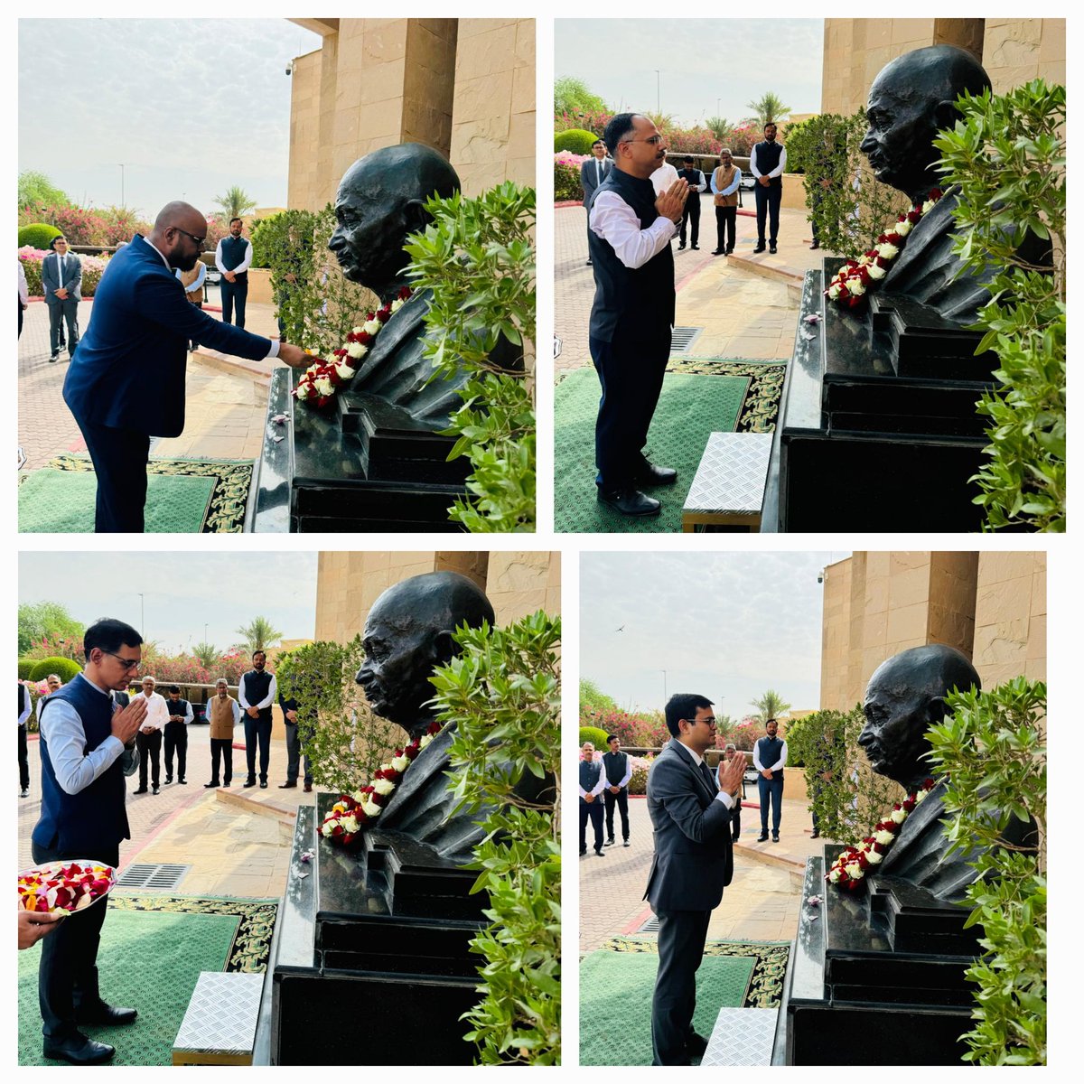 IndianEmbRiyadh's tweet photo. On #GandhiJayanti2024, Ambassador Dr Suhel Khan and Embassy officers paid floral tributes to Mahatma Gandhi.
“Non-violence is the greatest force at the disposal of mankind”, Mahatma Gandhi had said. His timeless teachings are most relevant in current times.

@MEAIndia https://t.co/jxIRL62rFN