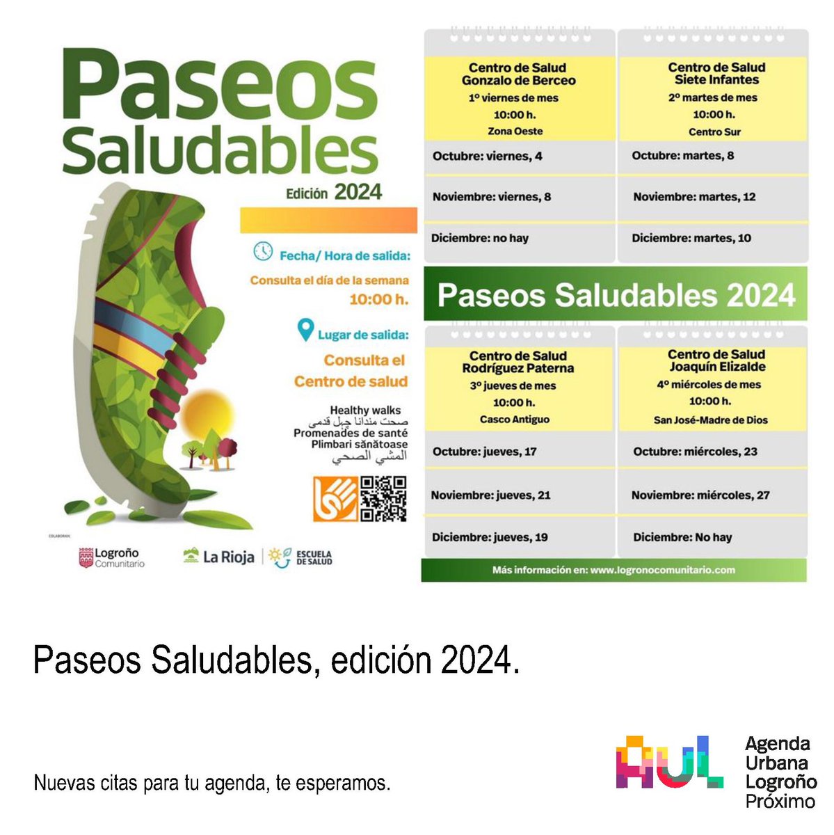 logronoproximo's tweet photo. ¡Vuelven los Paseos Saludables a tu barrio!
Apunta el tuyo y pon a punto tus zapatillas.😘
Comenzamos el
📆 Viernes, 4 de octubre
⏰10.00h.
🤝Dinamiza: Cruz Roja
🔗 Programación completa en: https://t.co/nlfDf4rf6l
#ods #paseossaludables #salud #participación #vinculos https://t.co/UuziirJEzB