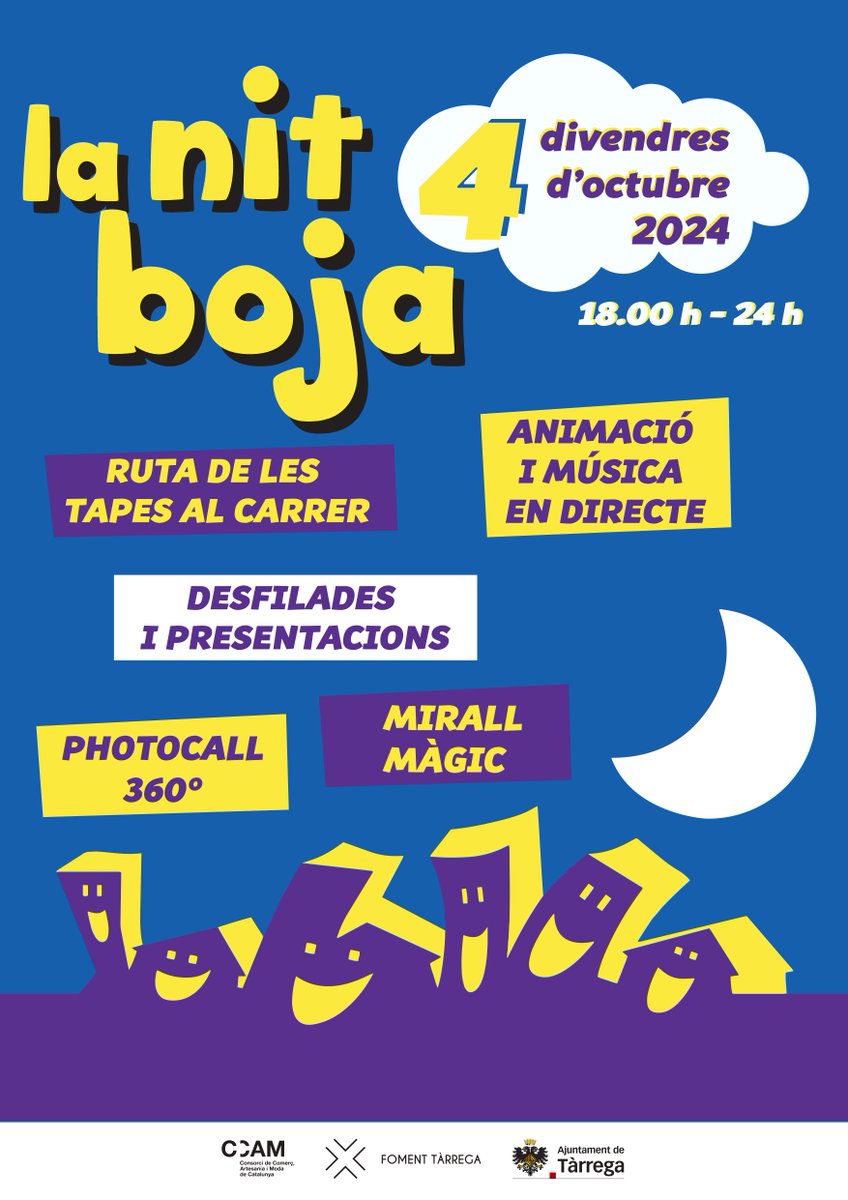 ajtarrega's tweet photo. 💥 Ja és aquí la Nit Boja de Foment #Tàrrega!

🛍️ Showrooms, desfilades, música, animació, tapes i molt bon ambient!

🗓️ Divendres 4 d’octubre, amb establiments oberts fins a la mitjanit. No hi falteu!

✅ Amb el suport de la Regidoria de Promoció Econòmica https://t.co/REWh0YPSPT