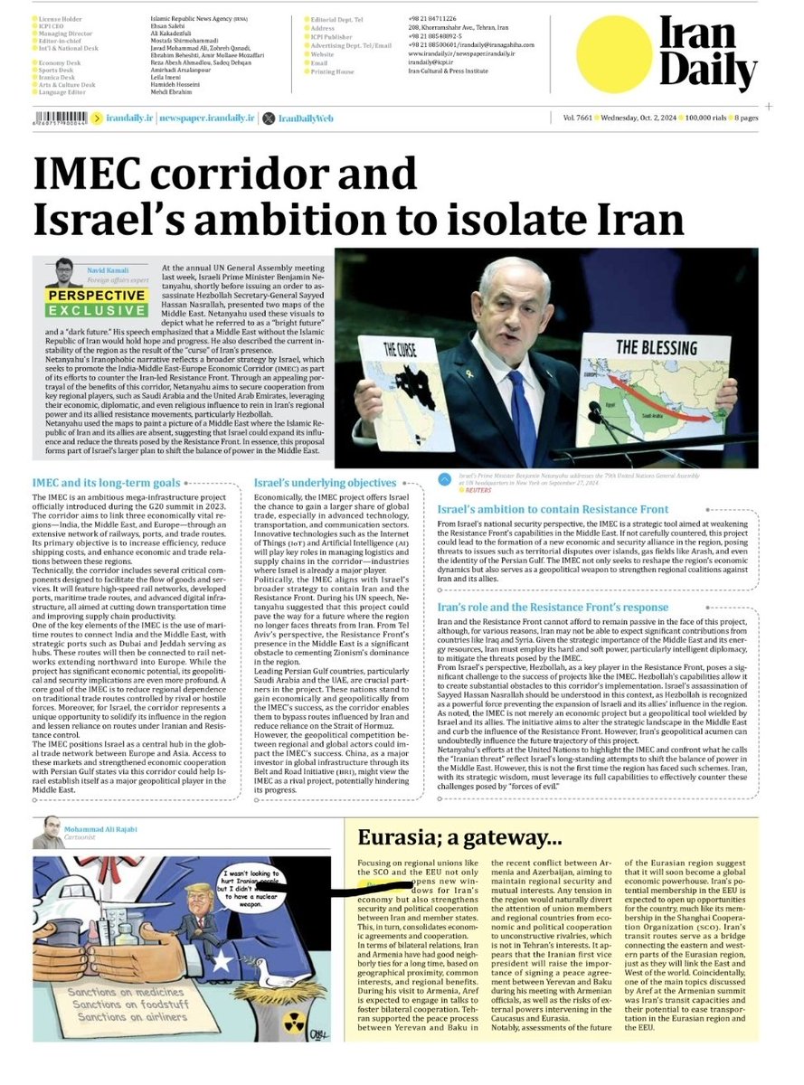 NavidKamali's tweet photo. 🟢 My new note in Iran Daily explores the IMEC corridor and Israel's hidden motives behind it. A must-read for understanding the geopolitical chessboard. 🛤️🌍
🔻https://t.co/MbsNCrgSSP
#IMEC #Israel #Geopolitics #IranDaily #Iran https://t.co/Habo6qst0n