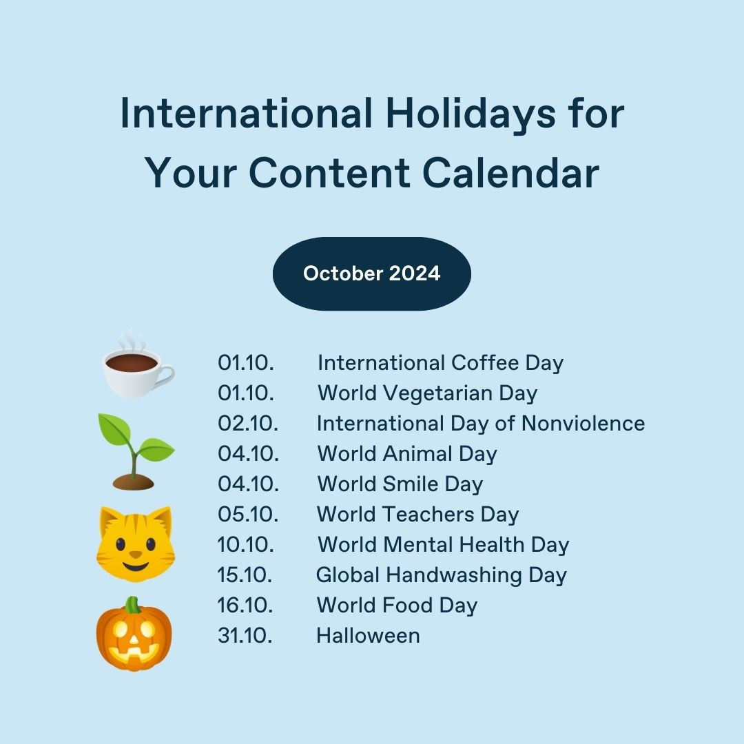 🌍✨ October is here, and it's time to celebrate global diversity! 🎉 From World Animal Day to Halloween, our content calendar is packed with international holidays to engage your audience. 📅

What's your favorite holiday to celebrate? Let us know in the comments! 👇🎃