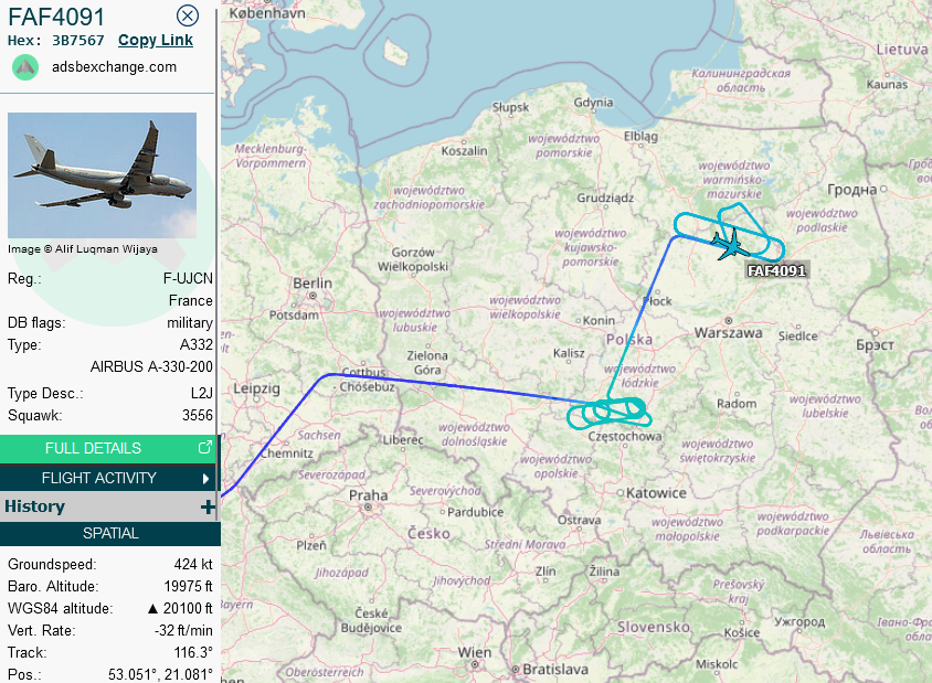 SirListenalot's tweet photo. Two French #MIR2 #Mirage 2000 #FAF7261-7262 out of Nancy (likely round trip) were refueled by #A332 #3B7567 #FAF4091 over Poland. Pics show ~0410z and ~0450z. Right now the tanker seems to wait for the fighters to return or is already refueling... https://t.co/uJkVk8FCyv