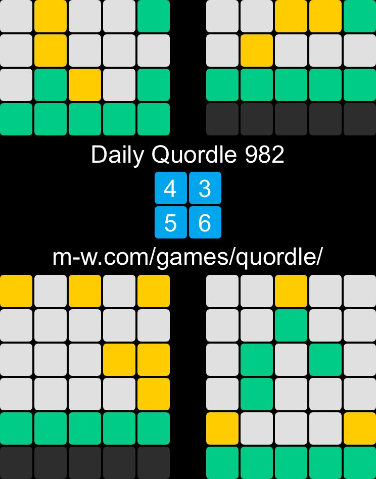 Daily Quordle 982
4️⃣3️⃣
5️⃣6️⃣
m-w.com/games/quordle/