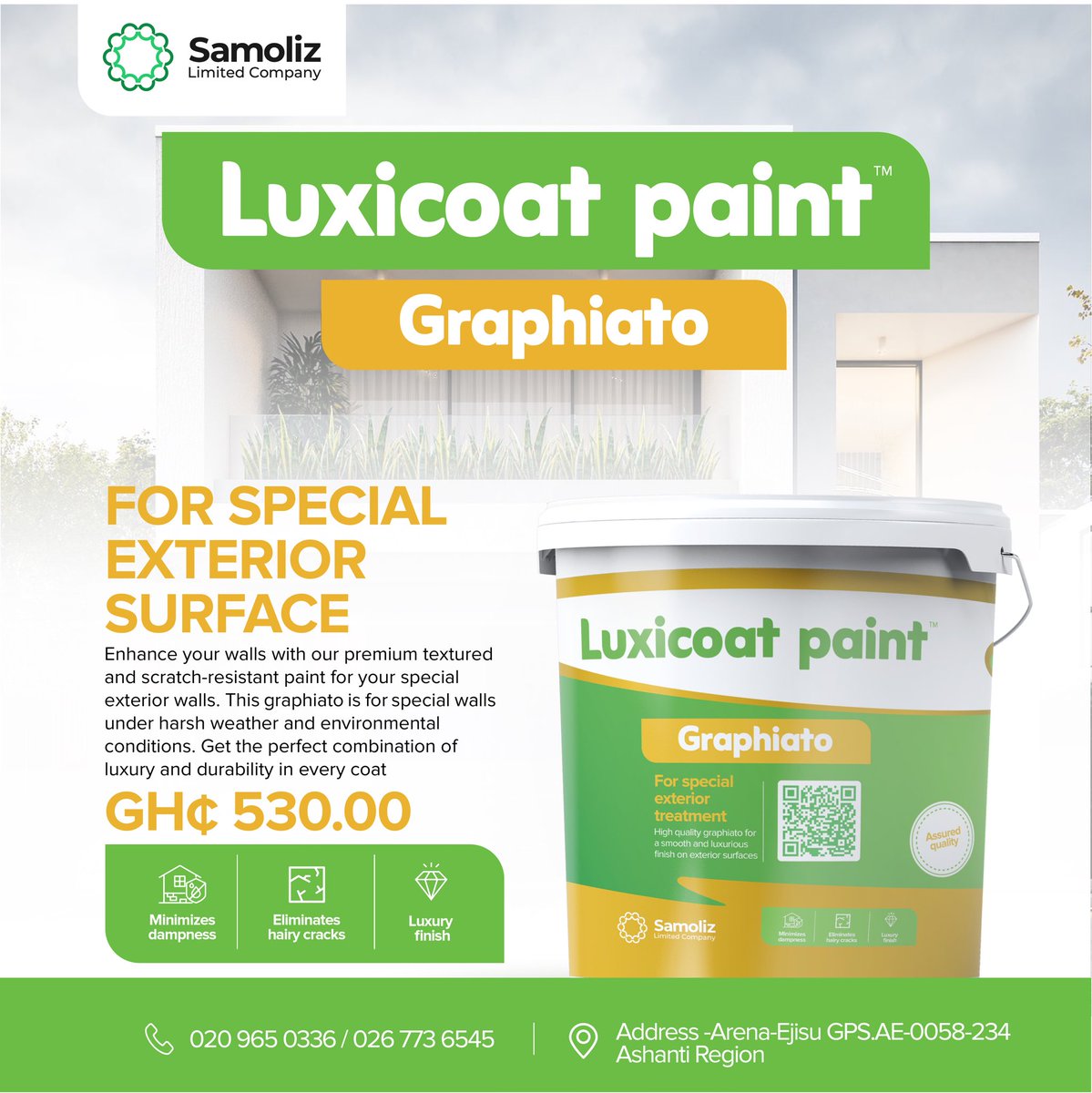 Upgrade your special exterior walls with Luxicoat Paints - Graphiato at just GHS 530.00 per bucket.  Contact us now to place your order! On 020 965 0336 or 026 773 6545
 
#specialexteriordesign #LuxicoatGraphiato #HomeDecor #Samolizltdcompany