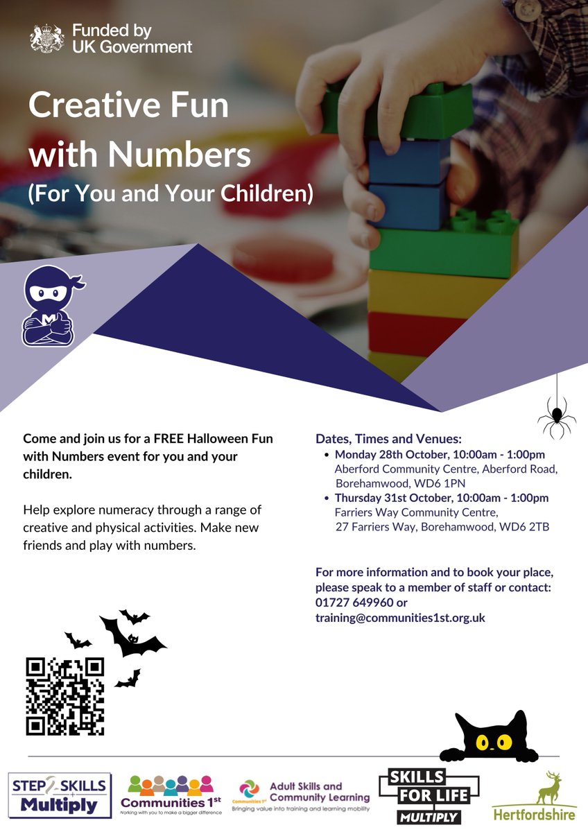 1stCommunities's tweet image. Thinking about your family's plans for the upcoming October half-term break? 🎃  Have a haunting time at our Halloween Fun with Numbers sessions in Borehamwood on Monday 28 and Thursday 31 October! 
@step2skills #Multiply