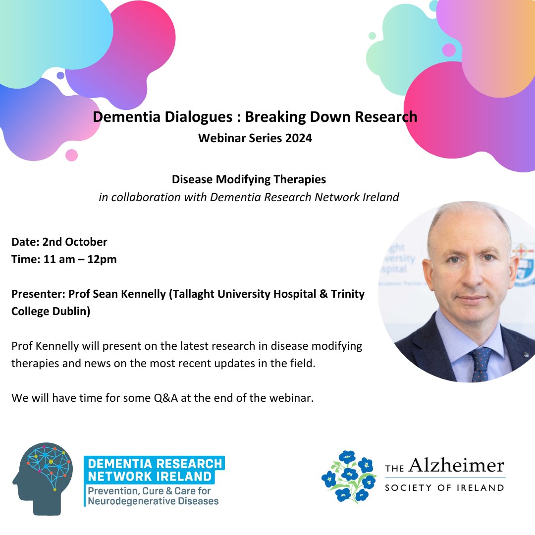alzheimersocirl's tweet photo. 🕛Coming up this morning at 11 am - @SPKennelly shares all on the latest disease modifying therapies at our #DementiaDialogues Breaking Down Research Webinar. 

➡️Sign up now: https://t.co/MTHWNFnpH9  

🙌We're collaborating with @DRNIRE on today's webinar!

#DementiaResearch https://t.co/1uT3T5Slmw