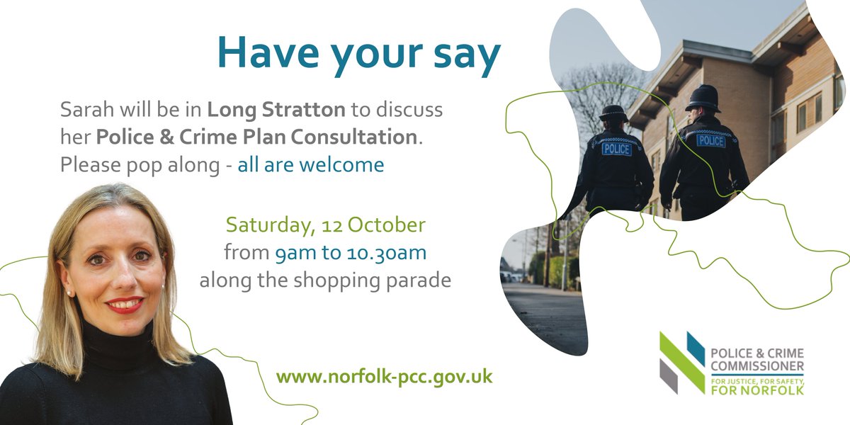 NorfolkPCC's tweet photo. #Norfolk’s PCC, Sarah Taylor is in #LongStratton between 9am and 10.30am next Saturday, 12 October along the shopping parade. Why not pop along to say hello and find out more about her priorities for the Police & Crime Plan. More info>>https://t.co/e8Vl81BJ0T @SouthNorfNorfolk https://t.co/jXn8tuOIwr