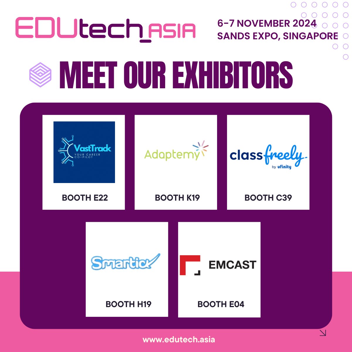Get to know our exhibitors - welcoming 5 new participants you'll see at the #EDUtechAsia Expo this November
VastTrack (E22) - AI enabled EdTech, focusing in career education, guided internship and AI education.
<a href="/adaptemy/">Adaptemy</a> (K19) - the world leader in adaptive learning technologies