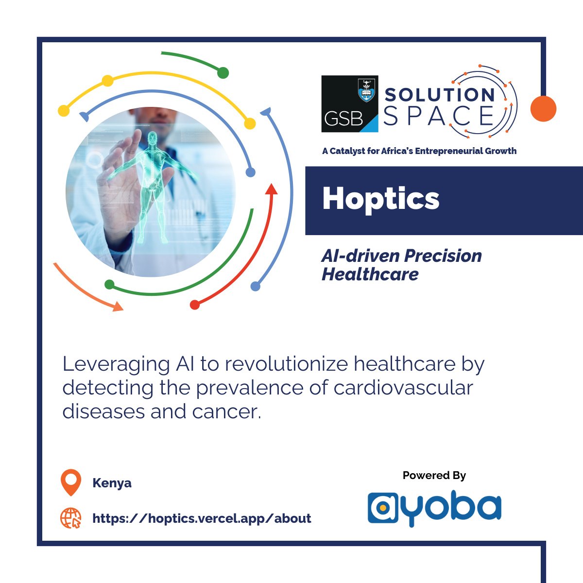 🏥 Revolutionising healthcare with AI! 

Hoptics is leading the way in detecting cardiovascular diseases and cancer with precision technology. 

<a href="/ayobaapp/">ayoba app</a> 

#startup #entrepreneur #eTrackProgramme #business #startupecosystem