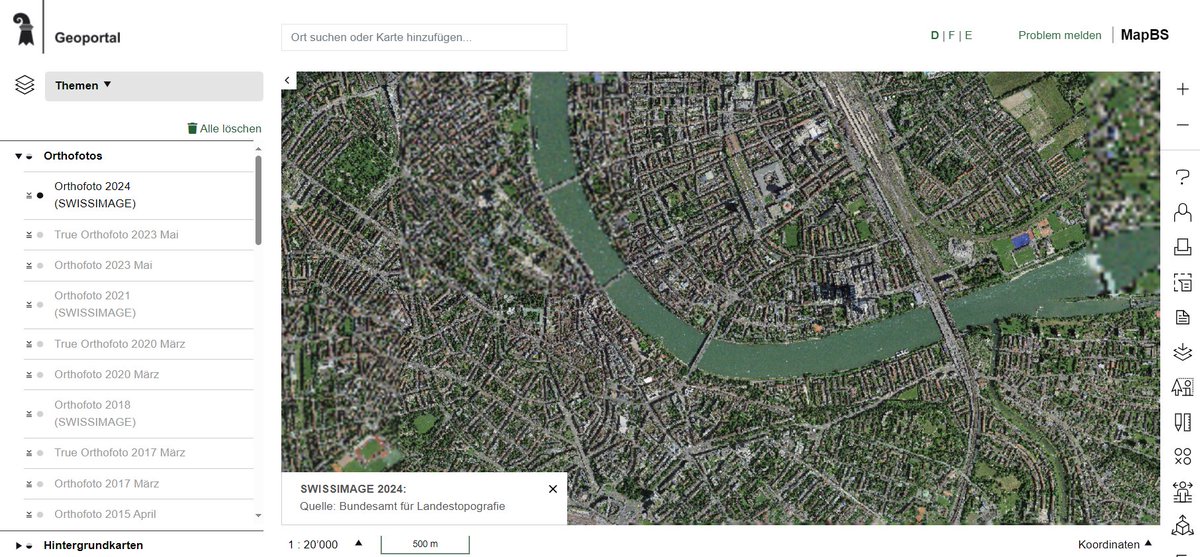 GeoPortalBS's tweet image. Ein erweiterter Ausschnitt @BaselStadt der #Swissimage Befliegung 2024 steht auf #MapBS zur Verfügung. Die Daten können auch über unseren #WMS und #WMTS eingesehen werden. map.geo.bs.ch/s/8zDV