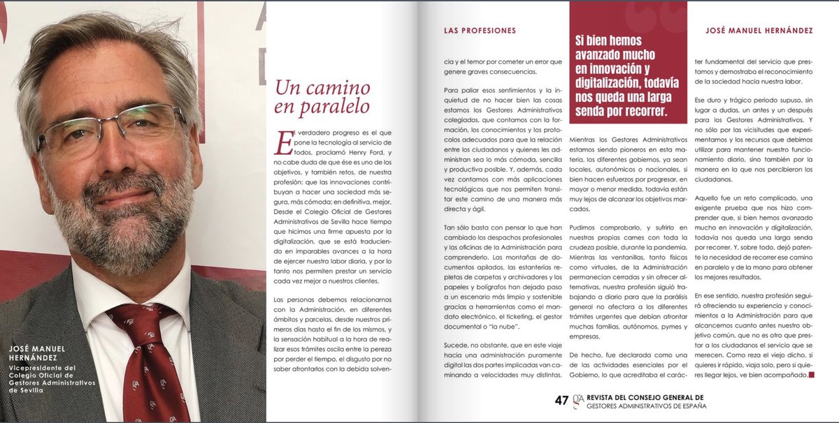 GestoresSevilla's tweet photo. “Nuestra profesión seguirá ofreciendo su experiencia y conocimientos a la Administración para prestar a los ciudadanos el servicio que se merecen”. Artículo de nuestro vicepresidente, @HernandezGestor, en el último número de la Revista de @ConsejoGestores. https://t.co/EkXH2TYeYQ https://t.co/pP1o4I5CfX