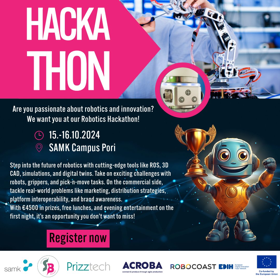 Are you ready to take robotics to the NEXT LEVEL?

Learn more: robocoast.eu/tapahtuma/next…

Join us at the NEXT LEVEL Robotics Hackathon at SAMK, 15.-16.10.2024! Tackle real-world challenges and win 4500€ in prizes!
#hackathon #roboticscompetition