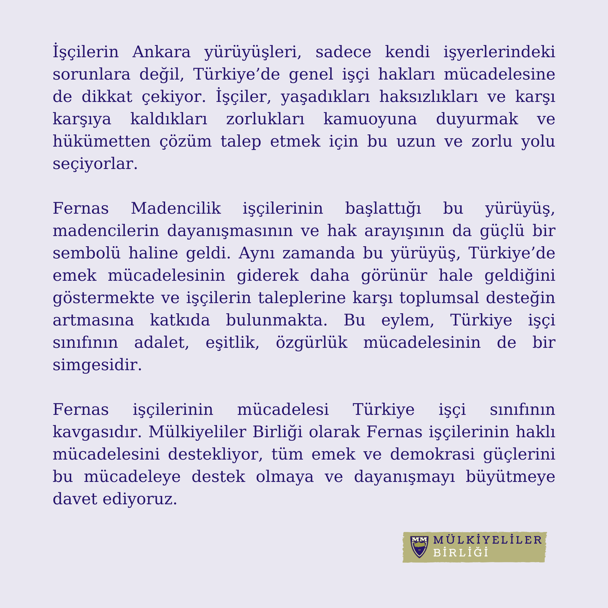Mülkiyeliler Birliği olarak Fernas işçilerinin haklı mücadelesini destekliyor, tüm emek ve demokrasi güçlerini bu mücadeleye destek olmaya ve dayanışmayı büyütmeye davet ediyoruz.

#madencilerleyiz

mulkiye.org.tr/fernas-isciler…