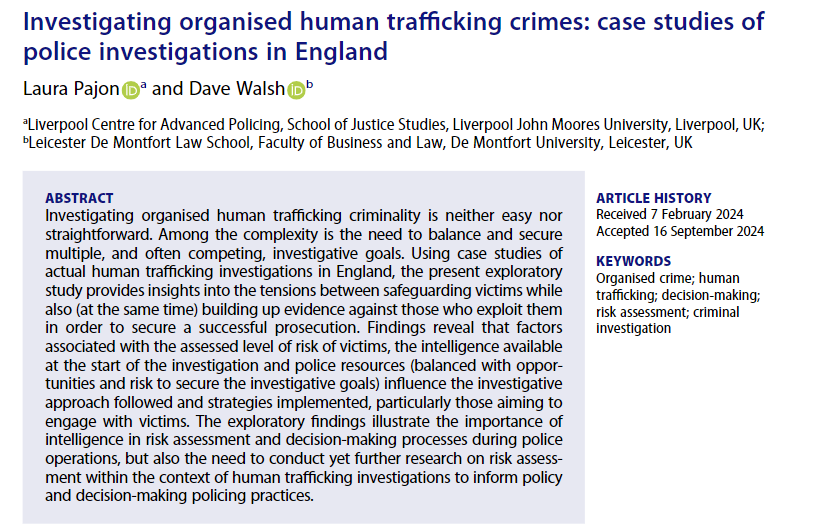 PajonLau's tweet photo. Check our latest publication @davewalshphd 👇 exploring the complexities of investigating organised Human Trafficking crimes, and illustrating the  difficulties (and importance!) of securing  the safeguarding of victims while maximising successful outputs for prosecution https://t.co/Y0MpUcEOAX