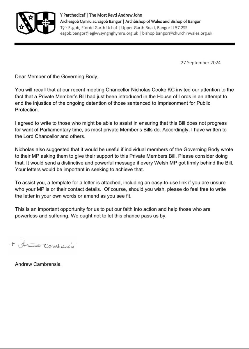 ActionIpp's tweet photo. #justiceforipps #resentenceipps #IPPscandal 

Letter from Archbishop of Wales!

IPP Committee In Action Working with Nicolas Cooke KC, who is supporting the private members bill to resentence IPPs! 
We attach a template Letter urging everyone to use to write to their MPs. To support the resentencing of IPP prisoners!

A big thank you to Nicolas Cooke KC for your continuous support to the IPP Campaign.

below is a link to a template letter to use to send to your MPs!

https://t.co/KmHQ9O47DN