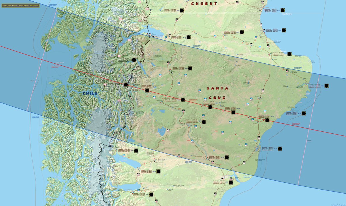ExoPlanetascom's tweet image. #Eclipse2024 Por aquí pasará el Eclipse Solar Anular de hoy 2 de octubre de 2024 en Argentina y Chile.