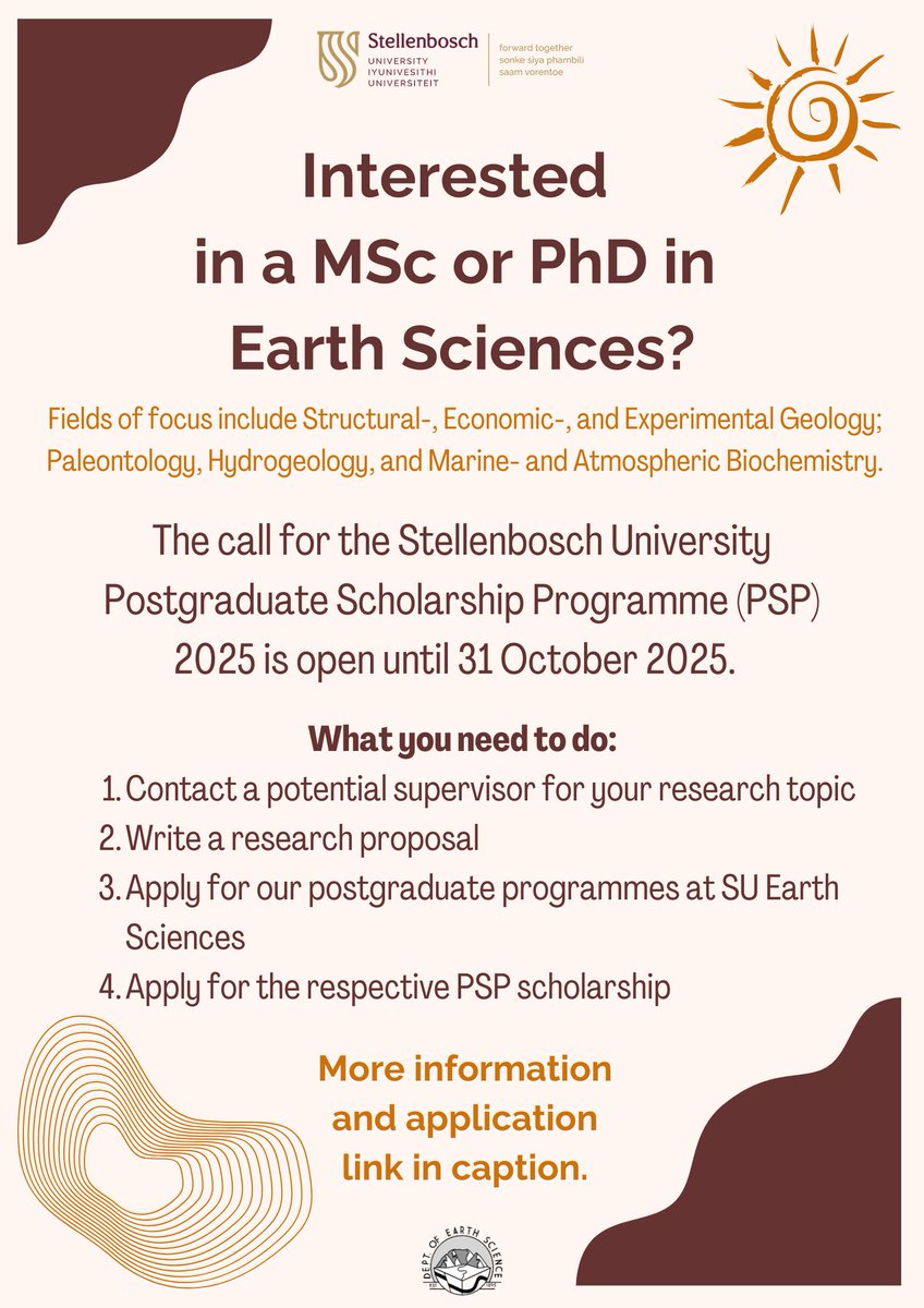 Interested in a MSc or PhD at the <a href="/SUearthsciences/">SU Earth Sciences</a>?

The call for the <a href="/StellenboschUni/">Stellenbosch University</a> Postgraduate Scholarship Programme (PSP) 2025 is open until 31 October 2024.

More information: sun.ac.za/english/resear…

Apply here: sun.ac.za/english/resear…

#geotwitter <a href="/scienceSUN/">Faculty of Science</a>